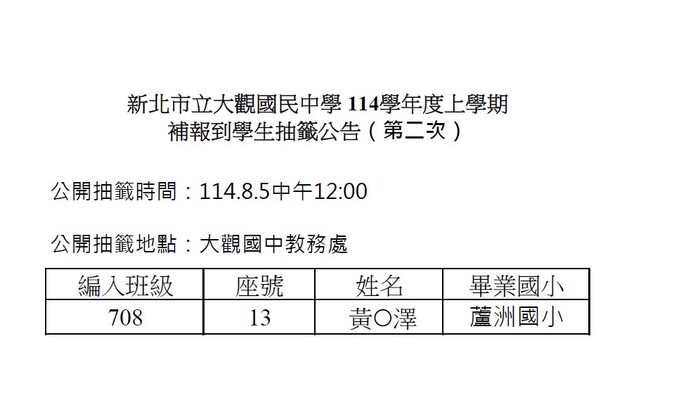 【新生補編班】114學年度轉入新生編班作業結果公告（第二次）圖片